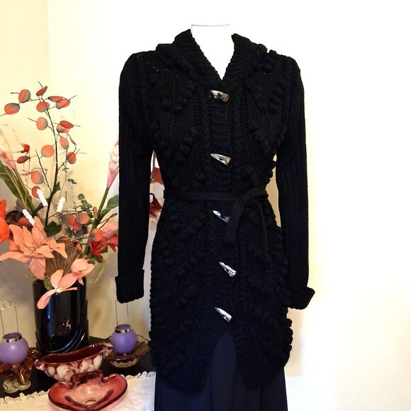 NWT Woman's Black Hooded Cardigan Coat Knit Lightweight Warm & Elegant Outerwear - Picture 2 of 10